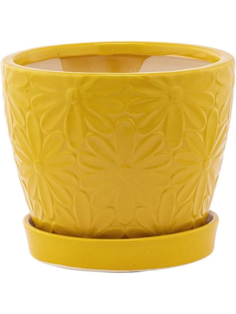 Dandelion Yellow Embossed Daisy Ceramic Planter Pot with Drain Hole & Saucer